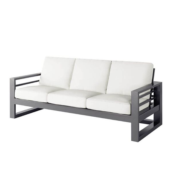 Palermo patio cushion sofa with sleek graphite aluminum frame and white cushions.