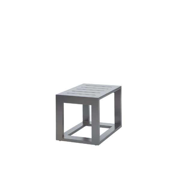 19" Palermo Patio End Table with aluminum frame between lounge chairs on a modern deck.