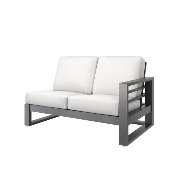 Palermo Patio Modular Seating Left Arm Loveseat with modern graphite frame and plush white cushions