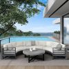 Detail view of Palermo curved modular sofa showcasing aluminum frame and cushion arrangement