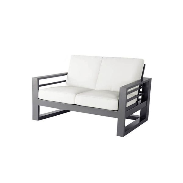 Palermo patio cushion loveseat with graphite frame and white cushions.