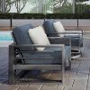 Poolside Palermo club chairs with navy cushions and white pillows.