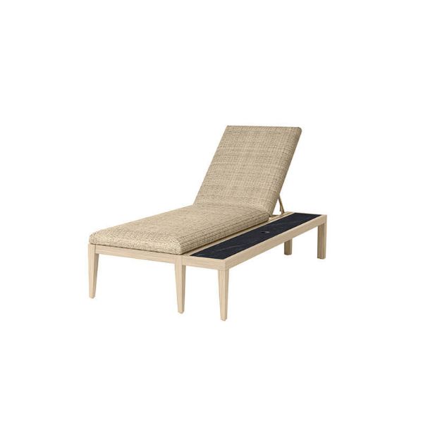 Siena wicker chaise lounge in barley flax with side table in flax aspen onyx finish.