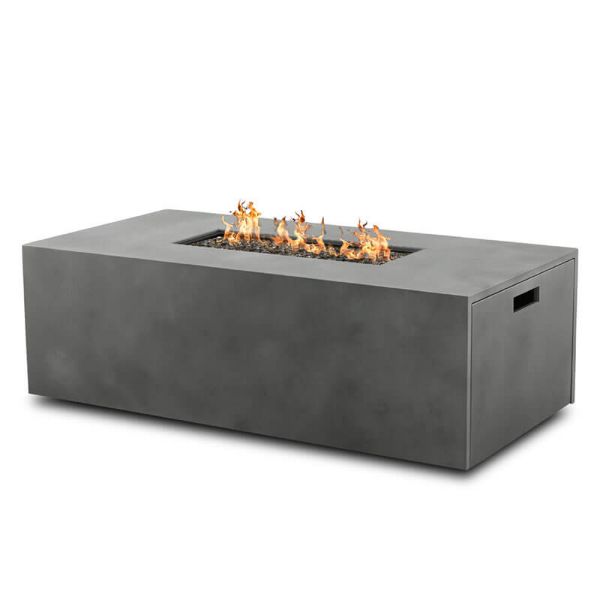 Rectangular Bellino fire pit table in gray finish with flames burning in the center.