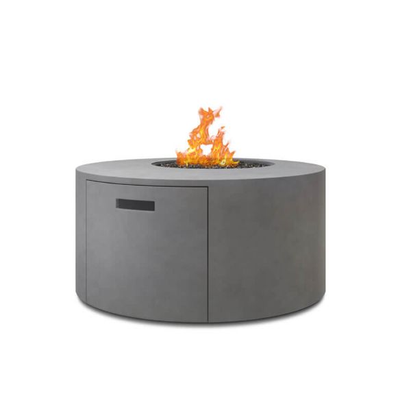 Top view of Bellino round fire pit table in concrete with glass rock burner