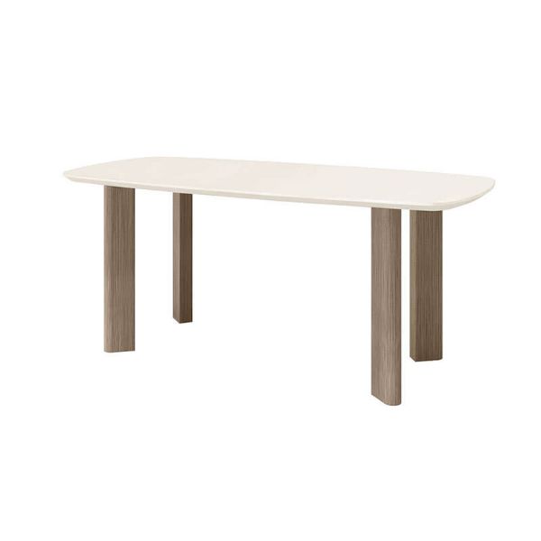 84" x 40" rectangular Forano Bellino patio counter height table with ivory top and flax wood-style legs.