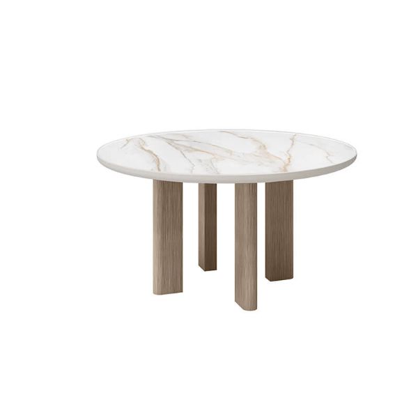 54" round Forano Aspen patio counter height table with alabaster top and flax base.