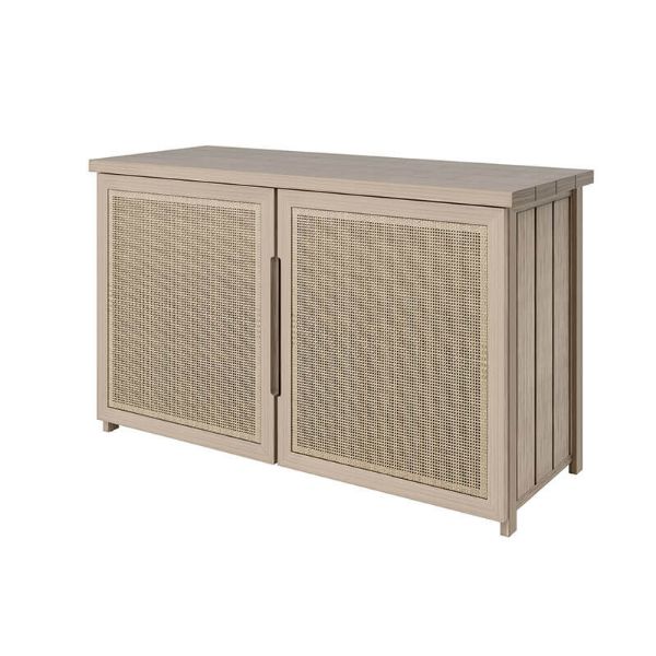 Orleans woven patio sideboard in barley flax finish with dual cabinet doors for towel and accessory storage.