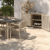 Barley flax Orleans woven patio sideboard open showing shelves with glassware and storage space.