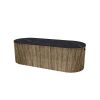 Oval Hampton patio fire pit table with closed onyx marble top and beech woven base.