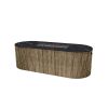 Hampton oval fire pit table with onyx marble top and beech base, insert open for use.