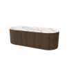 Oval Hampton fire pit table with alabaster marble top and sable finish woven base.