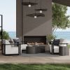 Tahoe coffee table styled in a beachfront patio with fire feature and modern lounge chairs