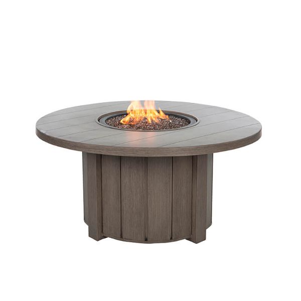 Trevi 50 inch round fire pit patio table in hickory finish with flames lit and glass media insert