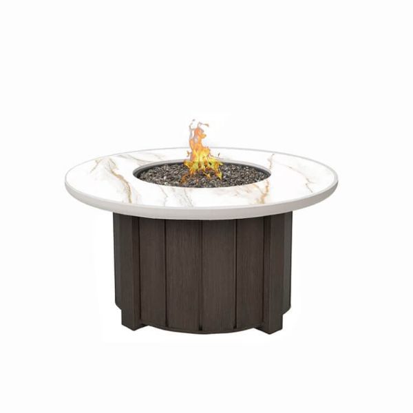 Trevi round fire pit patio table with chestnut base and alabaster aspen top