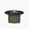 Outdoor round Trevi Aspen fire pit table featuring black onyx top and hickory base