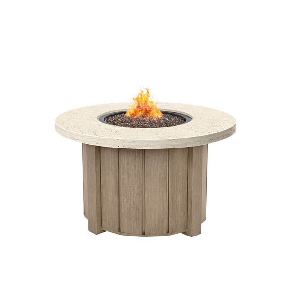 Trevi Pompano Patio Fire Pit Table with flax base and shell top for outdoor spaces.