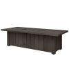 XL Trevi rectangular fire pit patio table in chestnut finish with burning fire feature.