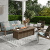 Top view of XL Trevi rectangular fire pit patio table in hickory finish with fire media