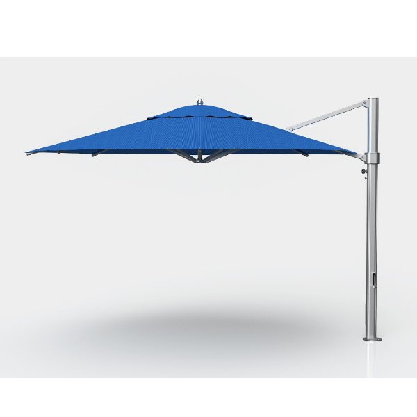 Eclipse 13 foot octagonal cantilever umbrella with marine-grade blue canopy and commercial matte silver aluminum side post