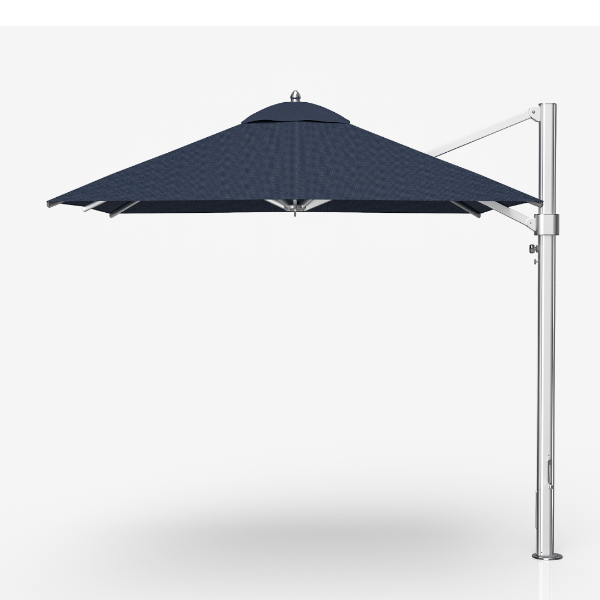 Eclipse 10 foot square aluminum cantilever umbrella with captain navy canopy and silver frame for hotel pools and outdoor seating