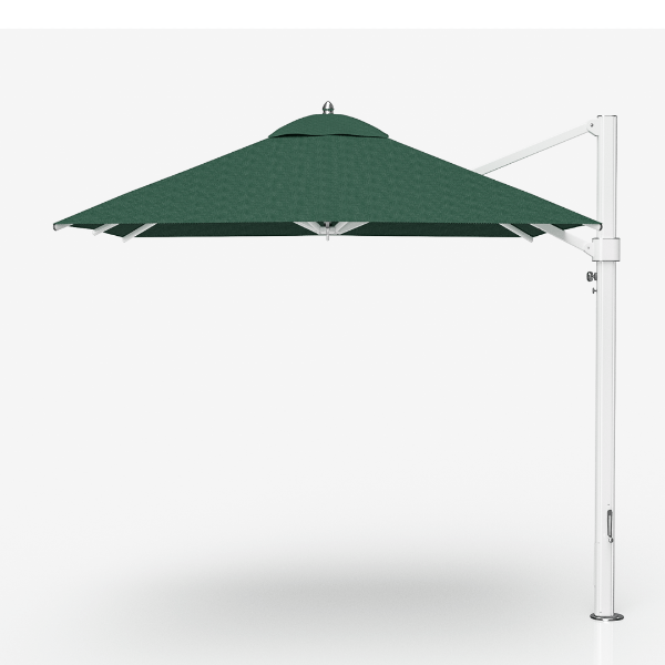 Eclipse 10 foot square aluminum cantilever umbrella with forest green canopy and white frame for commercial pool and patio shade