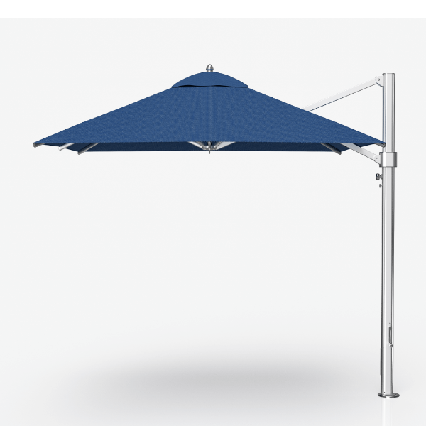 Eclipse 10 foot square aluminum cantilever umbrella with pacific blue canopy and silver frame providing commercial shade for pool decks