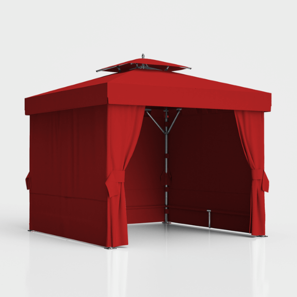 10' x 10' Marella cabana with extruded aluminum frame, double vent roof, and full privacy wall providing luxury commercial poolside shade enclosure