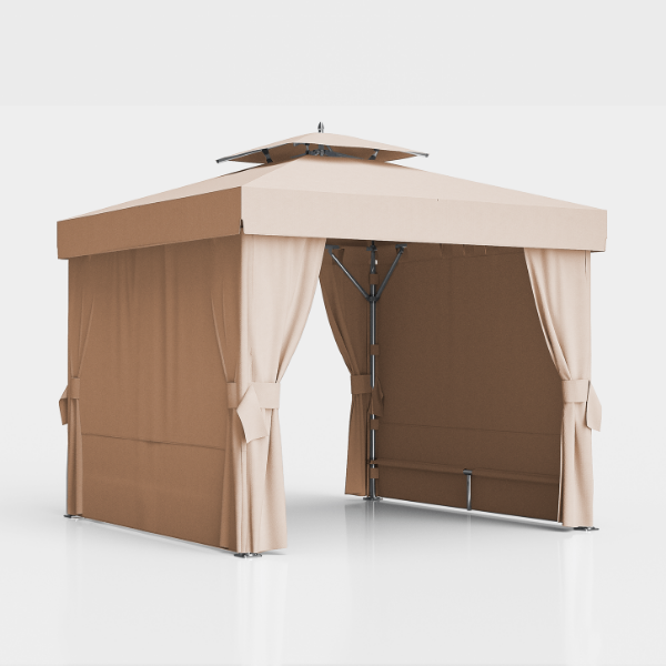 10' x 10' Marella cabana with extruded aluminum frame, double vent roof, and half privacy wall creating an open yet shaded commercial poolside cabana enclosure