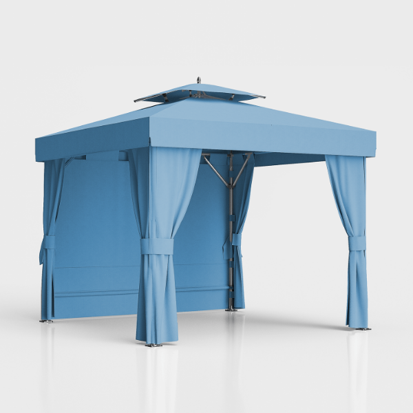 10' x 10' Marella cabana featuring an extruded aluminum frame, double vented roof, and full back wall for enhanced wind protection and directional privacy in commercial poolside settings