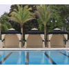 10' x 10' Marella cabanas with extruded aluminum frames, double vented roofs, and full back wall installed along a resort swimming pool for private commercial poolside lounging