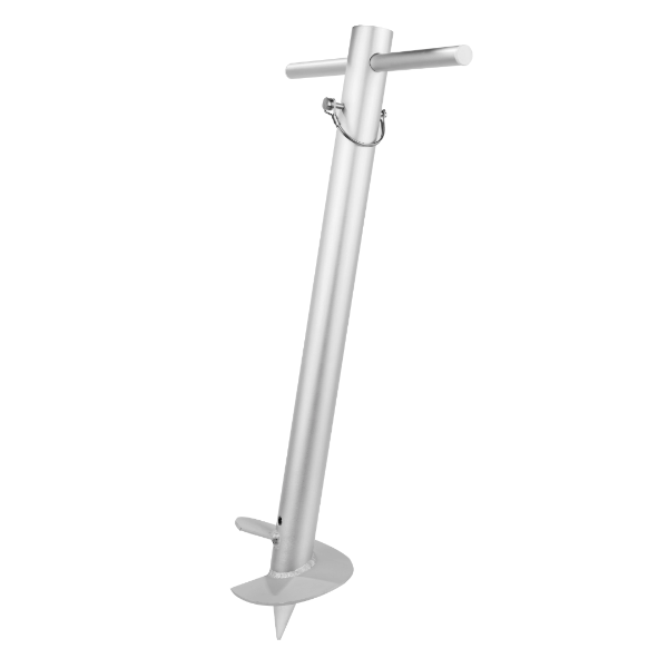 Aluminum sand auger and anchor designed for securing beach umbrellas and temporary shade structures into loose sand for stable commercial beachfront installations