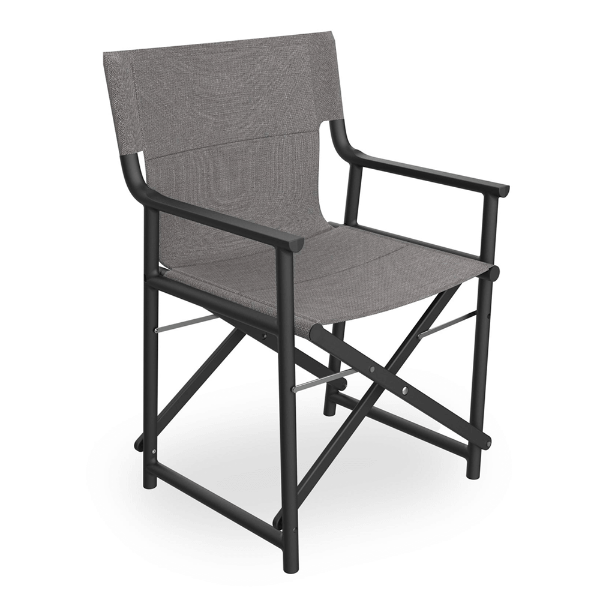 Boss folding sling dining chair with gray fabric seat and black polypropylene frame on a white background