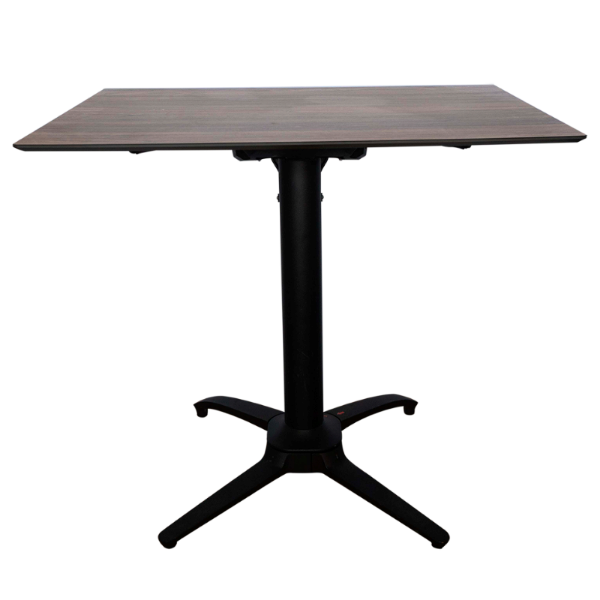 32 inch square HPL outdoor dining table with black tilting aluminum pedestal base