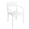 White Vogue stacking arm chair made from air-modeled commercial plastic with curved arms and slotted back design