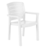 White Acadia commercial outdoor armchair made of durable plastic resin with slatted back and armrests for patio dining areas