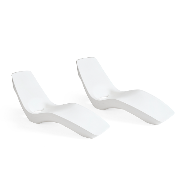 Two white Forma commercial in-pool chaise lounges with contoured ergonomic design
