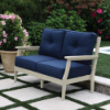 Blue Ridge deep seating cushion patio loveseat with white HDPE frame and Sunbrella navy cushions