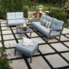 Blue Ridge deep seating patio furniture collection featuring side table, coffee table, sofa, loveseat, chair, and ottoman on an outdoor patio