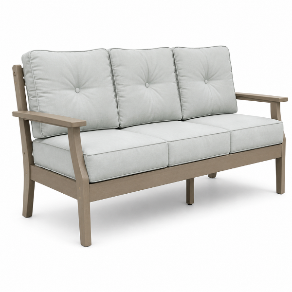 Blue Ridge deep seating patio sofa with HDPE recycled plastic frame and all-weather cushions for commercial pool decks, hotels, resorts, and outdoor lounge spaces