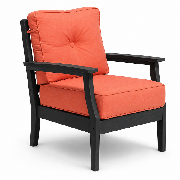 Blue Ridge deep seating patio chair with HDPE recycled plastic frame and all-weather cushions for commercial pool decks, hotels, resorts, and outdoor lounge spaces