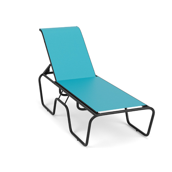 Sundance stackable commercial sling chaise lounge with turquoise fabric and black aluminum frame