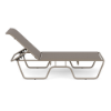 Side view of Sundance stackable sling chaise lounge with neutral fabric and powder-coated aluminum frame