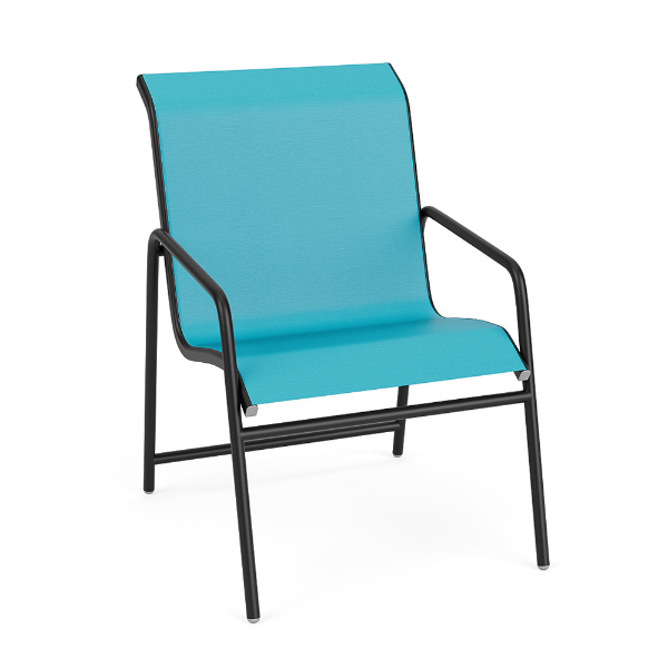 Front view of Sundance stackable aluminum sling patio dining chair with bright Aruba sling fabric and Starlight Black frame