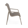 Side view of Sundance stackable aluminum sling patio dining chair with neutral woven sling fabric and Satin Amber frame
