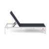 Side view of Urban stackable aluminum sling chaise lounge with Dupioni Sapphire fabric and Sky White frame