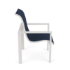 Side view of Urban stackable aluminum sling patio dining chair with Dupioni Sapphire fabric and Sky White frame