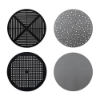 Coastal round aluminum dining table top options showing slat, bubble, cube, and solid designs