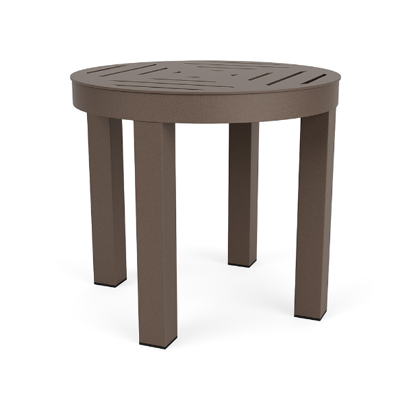 20-inch Coastal round aluminum patio side table in espresso finish with decorative slatted tabletop
