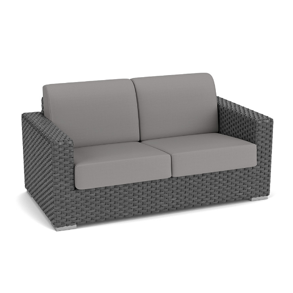 Highland Gray wicker outdoor patio love seat with gray seat and back cushions